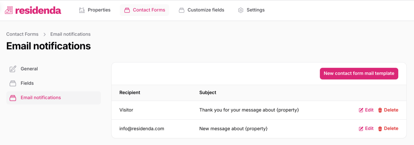 Edit contact form - email notifications