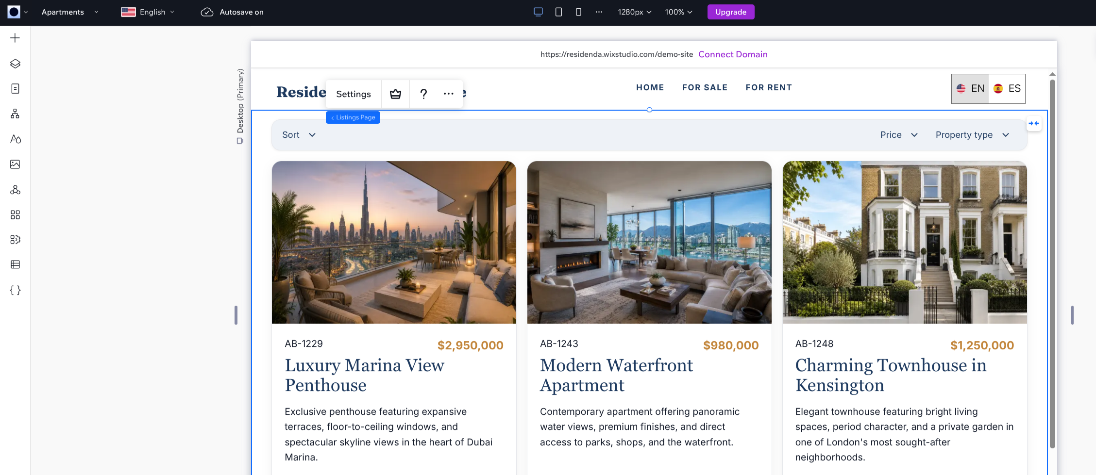 The Listings Page widget on the page