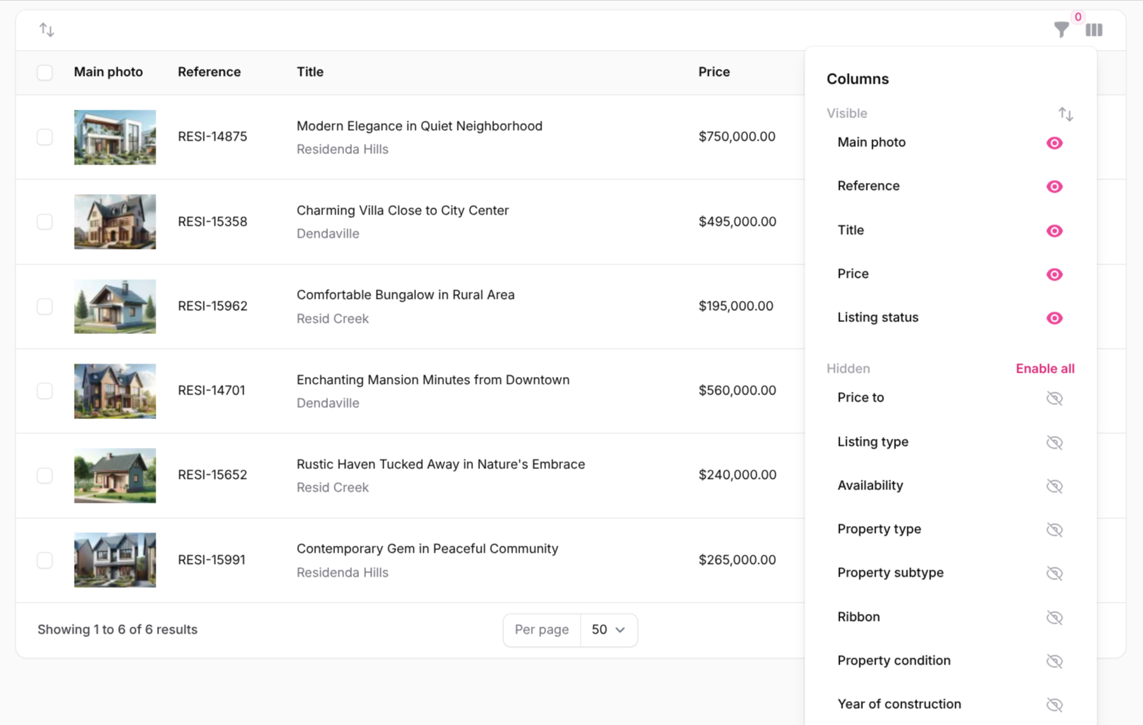 Columns dropdown
