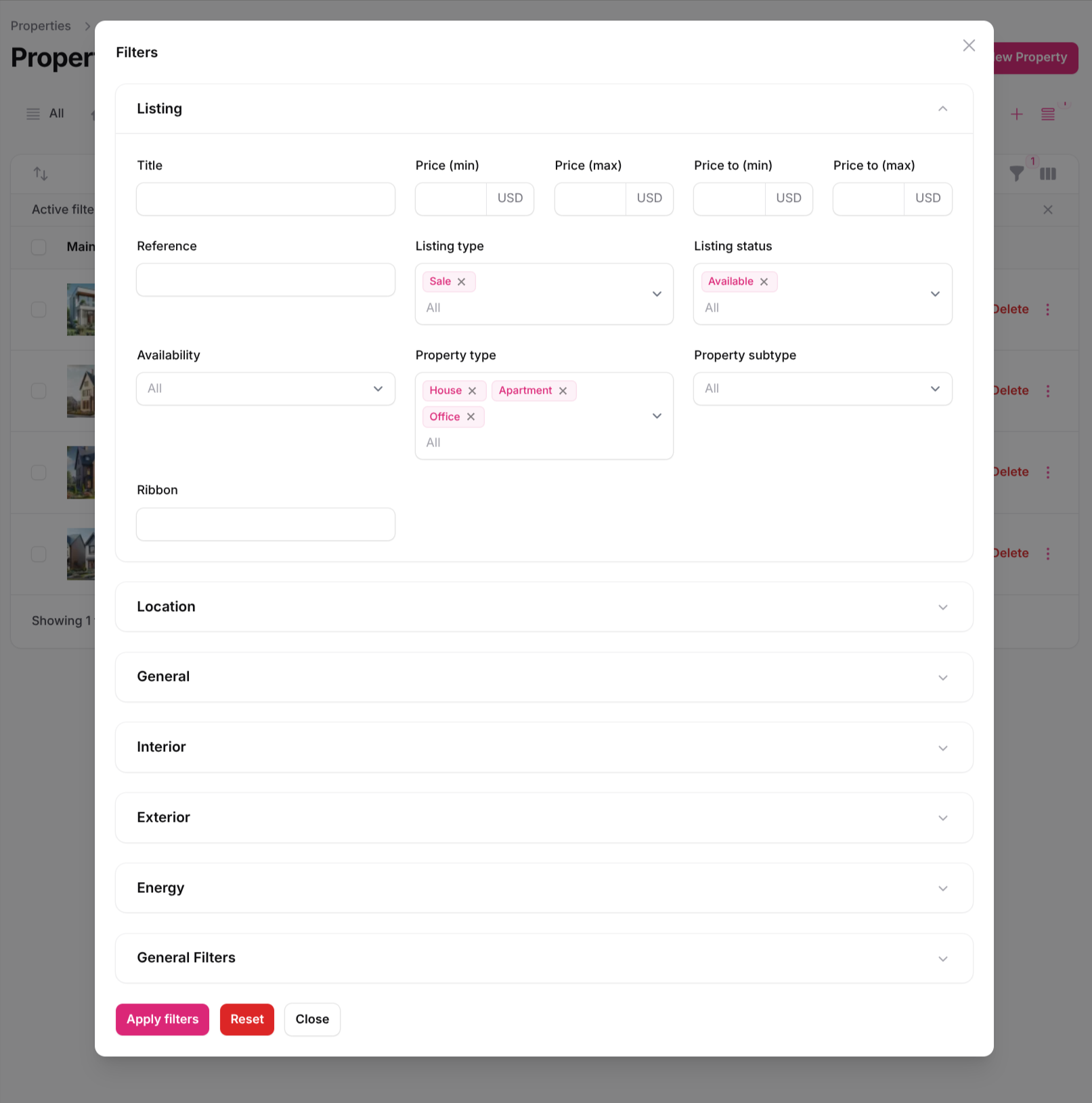 Filters modal