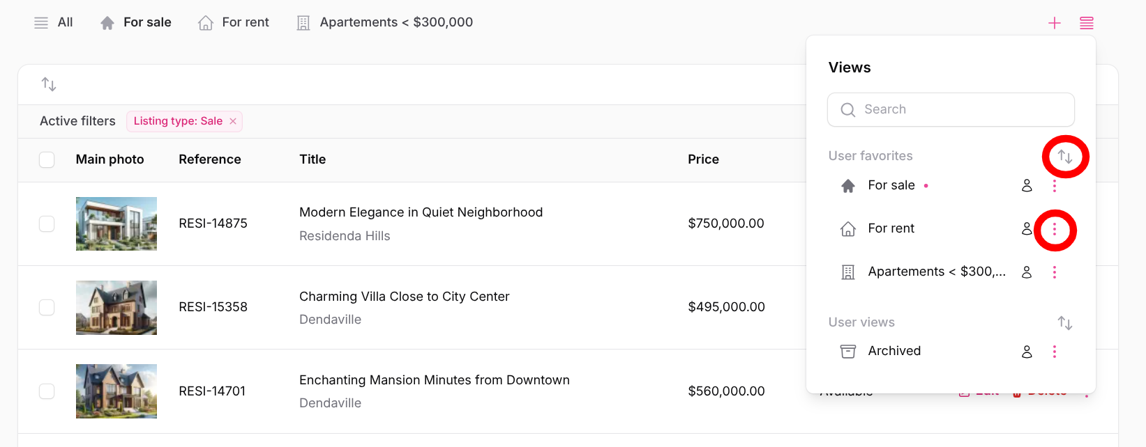 Manage views dropdown