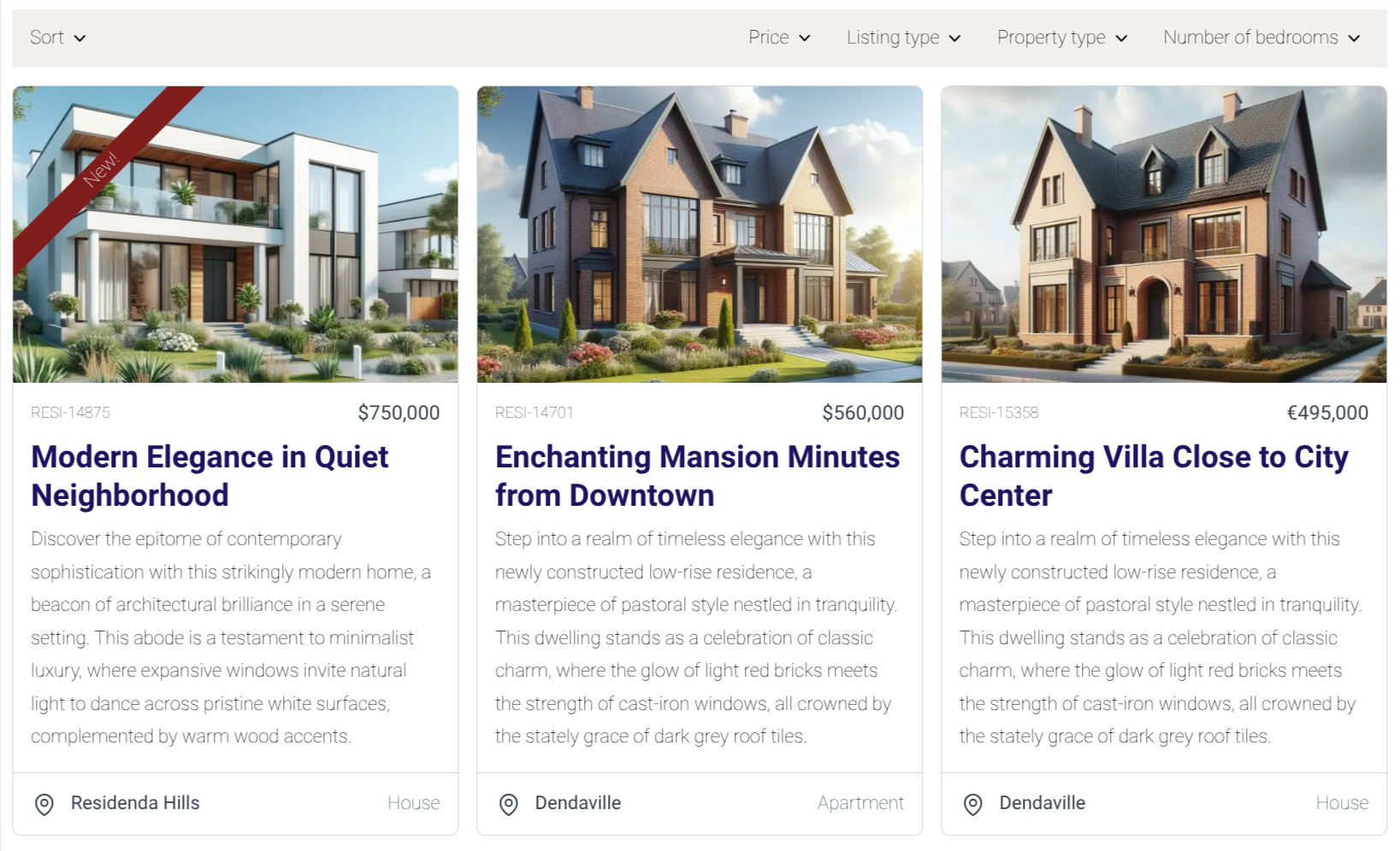 Screenshot of listings overview page in old version
